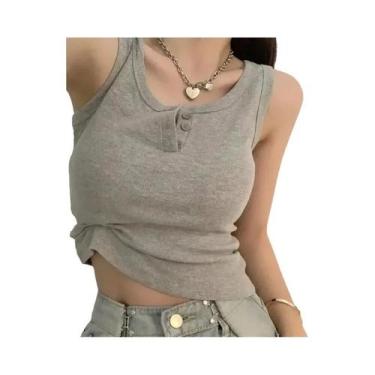 Imagem de Blusa Feminina Regata Canelada Com Botões, Cor Sólida, Casual, Moderna