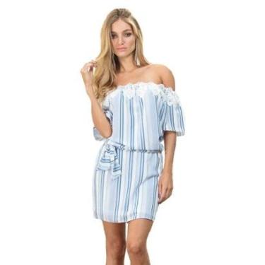 Imagem de Vestido Lado Avesso Listrado Com Guipier Azul Tam. G-Feminino