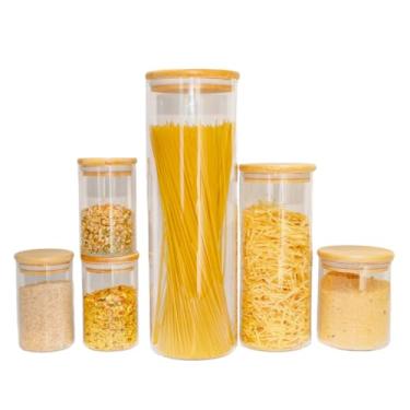 Imagem de Conjunto 6 Potes Herméticos de Vidro com Tampa de Bambu Alimentos Organização de Cozinh...