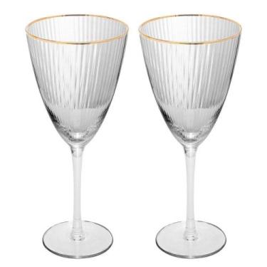 Imagem de Conjunto 2 Taças de Vinho 400ml Lines Ouro em Vidro Canelado Transpare