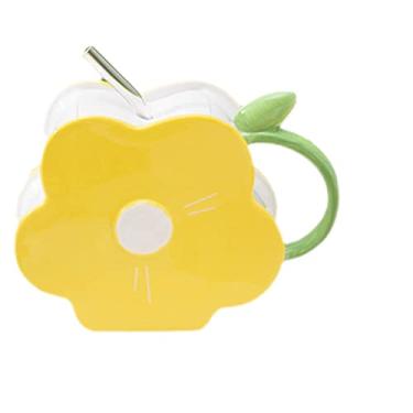 Imagem de Caneca de astronauta com colher de urso cerâmica xícara de café infantil desenho animado leite xícara de chá presente de aniversário escritório casa (flor amarela)