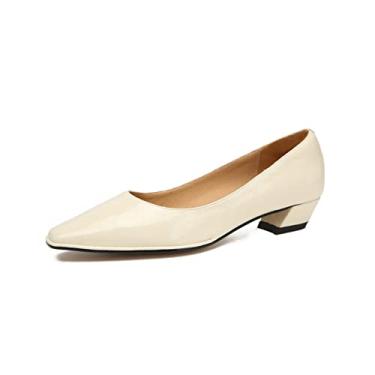 Imagem de TinaCus Mocassim feminino feito à mão em couro envernizado com salto grosso, sem cadarço, Off-white, 40