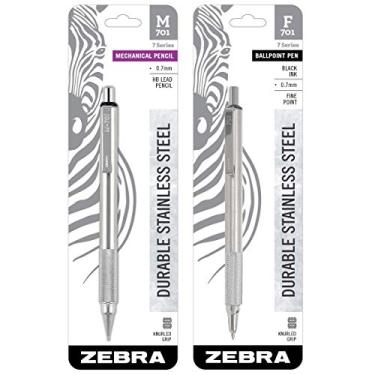 Imagem de Zebra Model F/M 701 Mechanical Pencil and Ballpoint Pen Set, Stainless Steel, Fine Point, 0.7mm Lead, Designer Metal Clip, Refillable, Pack of 2