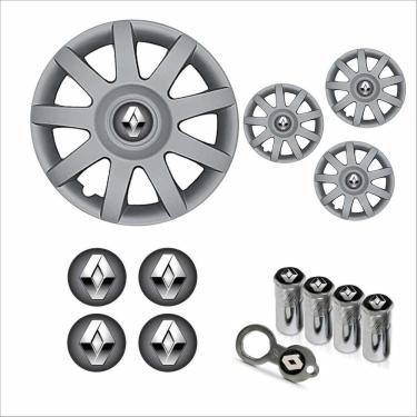 Imagem de Jogo Calota Aro 14 Sandero Logan Clio 2009 à 2011 + Emblema Resinado + Tampa Ventil Antifurto