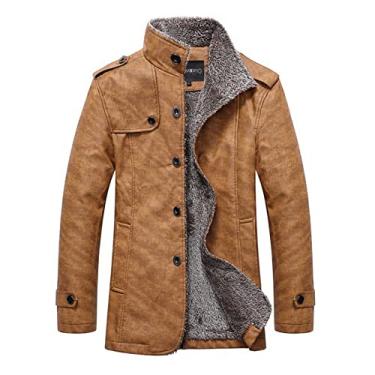 Imagem de Jaqueta masculina de couro longa forrada com lã plus size casaco de lã gola de motocicleta jaqueta, Cáqui, M