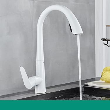 Imagem de Torneira de cozinha branca, alça única, torneira misturadora de puxar para fora, torneiras de água quente e fria, montada no convés, 360 rotações, duas funções, guindaste, branco, China