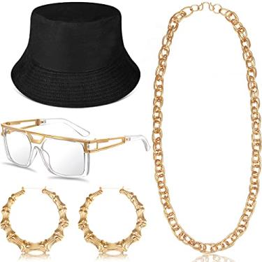 Imagem de Sintege Hip Hop Costume Kit 80s/90s Jewelry Outfit Rapper Accessories Bamboo Earrings for Women Men (Black)