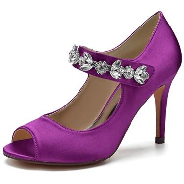 Imagem de Sapatos de casamento de noiva de cetim feminino escarpins peep toe com strass salto agulha alto marfim sapatos sociais 35-43,Purple,4 UK/37 EU