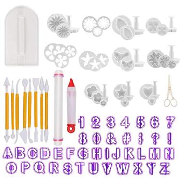 Imagem de Fondant Tools - Fondant Cake Sugarcraft Alphabet Letras cortadores de bolo ferramentas de decoração de cortadores de gelo, kit de ferramentas de modelagem de gelo, pino de rolamento, suave, ferramentas de molde de relevo, tesouras