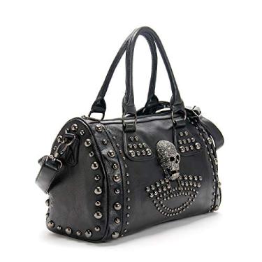 Imagem de Bolsa feminina de lona punk com alça de ombro transversal grande capacidade preta, Skull-studded, 1