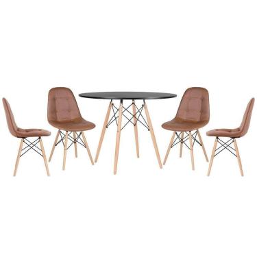 Imagem de Mesa Redonda Eames 100 Cm Preto + 4 Cadeiras Estofadas Eiffel Botonê Marrom Marrom