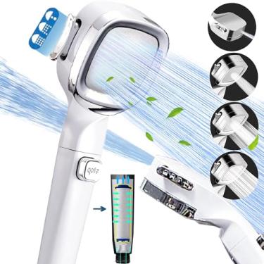Imagem de REEGEE Chuveiro portátil de 4 modos de alta pressão com filtro de cabeça com botão de parada, jatos potentes embutidos, spray de chuveiro potente mesmo com baixa pressão de água no encanamento de