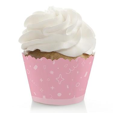 Imagem de Big Dot of Happiness Estrelas de confete rosa – Decorações simples de festa – Embalagens de cupcake de festa – Conjunto de 12
