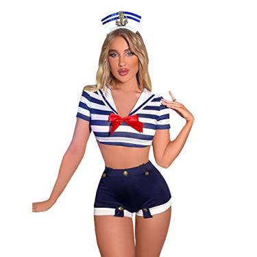 Imagem de WDIRARA Conjunto de lingerie feminino 3 peças de fantasia de marinheiro cosplay listrado com shorts azul e branco P