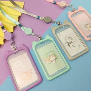 Imagem de Porta Crachá Retrátil Fofo com Cordão para Pescoço Estampado e Formato Orelha de Gato - UND (Azul)