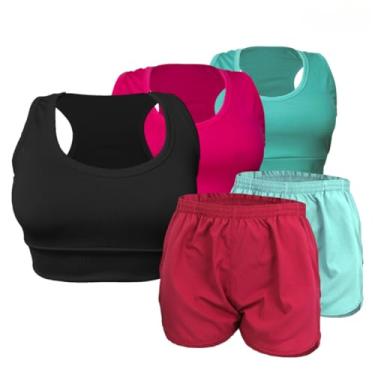 Imagem de 3 Tops Academia Nadador Suplex Sem Bojo + 2 Bermudas Tactel Feminina Fitness (P, Preto-Rosa-VerdeC-Rosa-VerdeC)