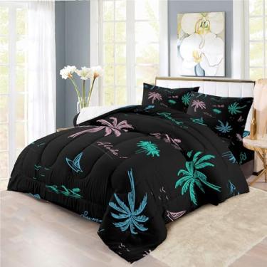 Imagem de Faeralei Conjunto de cama Setting Sun Coco Bed in A Bag 7 peças Summer Beach Coconut Grove Island, incluindo 1 lençol com elástico + 1 edredom + 4 fronhas + 1 lençol de cima (D, cama de casal em um