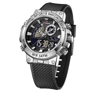 Imagem de NAVIFORCE Relógio Masculino Analógico Digital Militar de Quartzo com Alarme, Cronógrafo, Resistente à Água, Prata + Preto, Militar