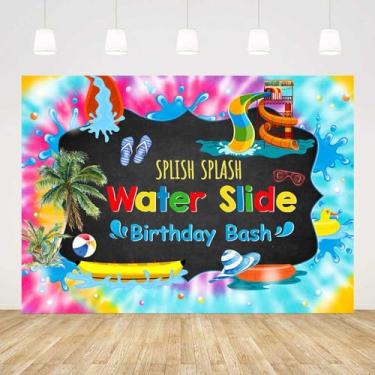 Imagem de AIBIIN 2,1 x 1,5 m, tobogã aquático, pano de fundo para festas de aniversário, decoração de festa de aniversário para crianças, decoração de festa de aniversário, salpicos de verão, artigos de