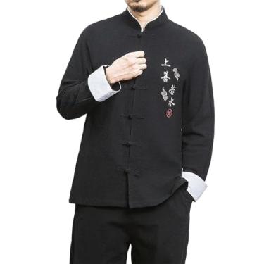 Imagem de Camisa masculina estilo chinês Tang Suit Hanfu manga comprida linho Kung Fu camisa solta roupa exterior roupa top Zen, Preto 1, GG