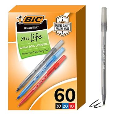 Imagem de BIC Canetas esferográficas redondas Stic Xtra Life, ponta média (1,0 mm), pacote com 60 canetas a granel, barril redondo flexível para escrita confortável, canetas esferográficas número 1 em vendas