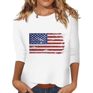 Imagem de Camiseta feminina com bandeira americana de verão, gola redonda, manga 3/4, listras estrelas, túnica, Branco, GG