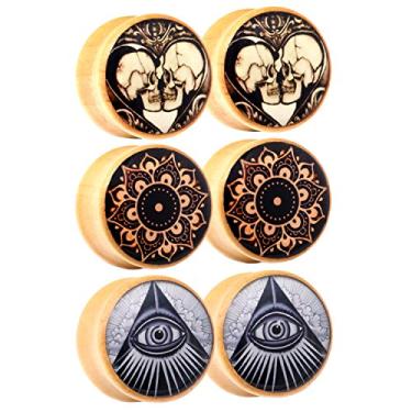 Imagem de Awinrel Alargadores de orelha para sela de madeira, alargador de túnel de carne, piercing ilhós, mandala, caveira, Illuminati, olho que tudo vê, 3 pares, Madeira