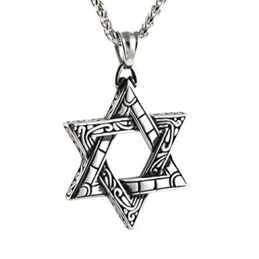 Imagem de HZMAN Colar com pingente de estrela de Davi Magen para mulheres e homens, corrente prata aço inoxidável Israel, 2.1 inches x 1.4 inches, Aço inoxidável, Sem Pedra Preciosa