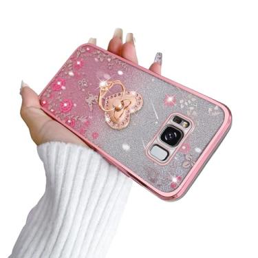 Imagem de Motadalo Capa para Samsung Galaxy S8 Plus de cristal TPU borboleta coração floral para mulheres à prova de choque magnético com suporte de anel [cartão de glitter e alça de pulso] capa de proteção