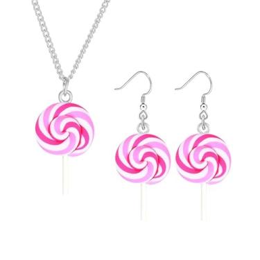 Imagem de Dreuyet Conjunto de colar de brincos de pirulito colorido arco-íris para mulheres meninas conjunto de joias de pirulito de argila macia bonito feito à mão redondo espiral pirulito colar engraçado de