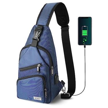 Imagem de AMJ Bolsa tiracolo masculina, mochila de ombro casual, mochila de peito para caminhadas e viagens (azul grande)