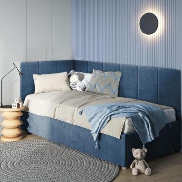 Imagem de Cabeceira em L Canto Alemão Estofada Para Cama Solteiro Painel 3,00mX40cm Módulos Adesivos (Azul)