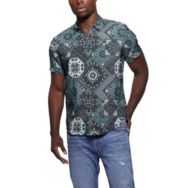 Imagem de GUESS Camiseta masculina Eco Sandwash Shashiko, Bandana azul Sashiko, M