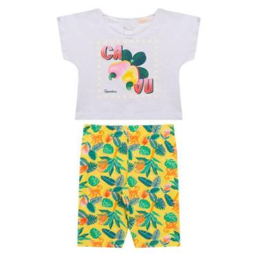 Imagem de Conjunto Infantil Menina, Blusa Branca Caju MM E Ciclista Amarelo Maca