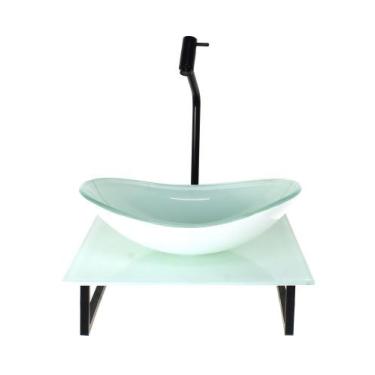 Imagem de Kit cuba de vidro oval 10mm com tampo de vidro 40cm x 40cm branco full