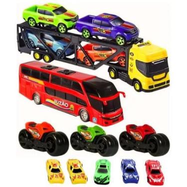 Imagem de Kit Carreta Cegonheira Caminhão Brinquedo Motinha Ônibus - Bs Toys