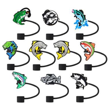 Imagem de 10 peças de coberturas fofas de palha de peixe para copos Stanley, capas de palha de silicone de animais adoráveis de 10 mm servem para copos de 30 e 1,134 g com alça, tampa de palha reutilizável para