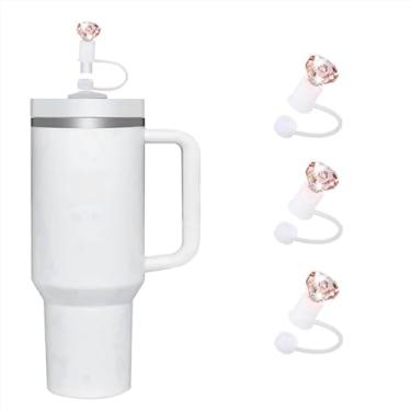 Imagem de 3 peças de topo de palha de diamante rosa claro para copo Stanley, capas de palha de silicone para copo Stanley 30 e 1,134 g, topo de palha à prova de poeira, capa de canudo reutilizável para
