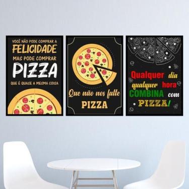 Imagem de Kit 3 Quadros Frases Pizza 33x24cm - Quadros On-line, Madeira preta