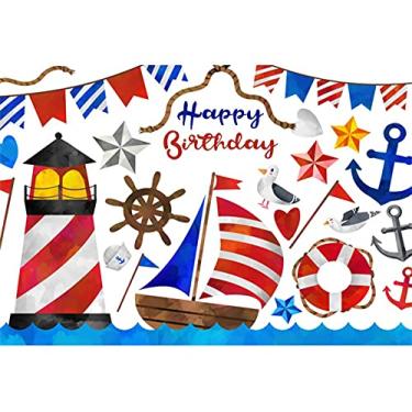 Imagem de DORCEV 1,5 x 0,9 m, leme de fundo de feliz aniversário, bandeiras de desenho animado, farol, navio marítimo, viagem, barco, navegação, âncora, fundo fotográfico, crianças, tema náutico, festa de