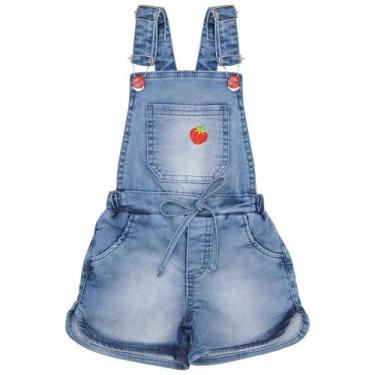 Imagem de Jardineira Infantil Look Jeans Morango Jeans Moletom, Azul, P