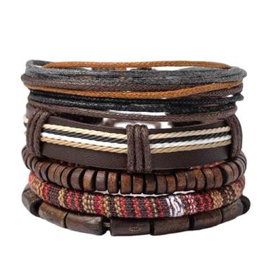 Imagem de JAVMOO Pulseira de contas de madeira masculina com cordão de cânhamo, contas de madeira, pirata, hippie, boêmio, étnico, tribal, pulseiras de madeira, 7.5, Couro, 0