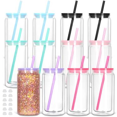 Imagem de Tswofia Pacote com 12 copos de globo de neve de plástico com orifício pré-perfurado, lata de plástico de parede dupla de 473 ml com tampa e canudo, caneca de plástico para globo de neve com glitter