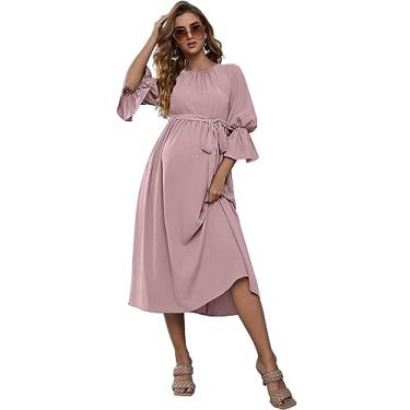 Imagem de FUNJULY Vestido de maternidade feminino decote em V manga bufante plissado para maternidade vestido maxi para chá de bebê ou uso casual, Lpuff + rosa, G