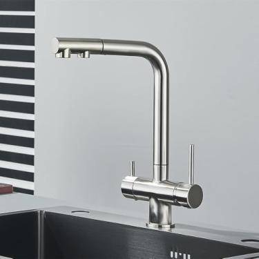 Imagem de Torneira de cozinha retrátil de latão cromado com filtro, alça dupla, água potável quente e fria, filtro de 3 vias, torneiras misturadoras de purificação, níquel escovado