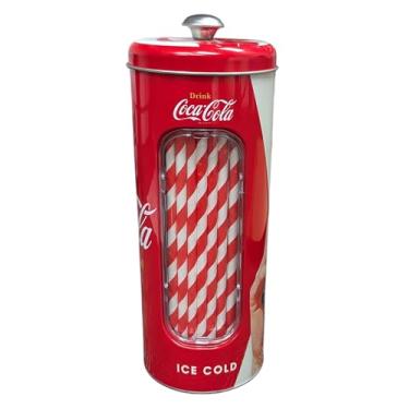 Imagem de The Tin Box Company Suporte de canudo de coca em lata com 20 canudos de papel dentro, 8 x 21 cm A, vermelho e branco (771527-12) - Bom para canudos de 20 cm ou menos