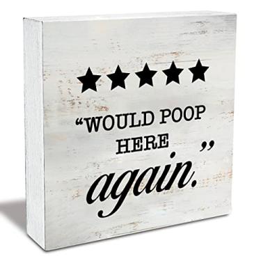 Imagem de Would Poop Here Again Five Stars Bathroom Wood Box Sign Rustic Wooden Box Sign Farmhouse Restroom Toilet Desk Shelf Decor (5 X 5 Inch)