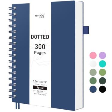 Imagem de RETTACY Caderno de diário pontilhado, 300 páginas, tamanho médio A5 (14 cm × 21 cm), papel grosso de 100 g/m2, capa de plástico flexível, encadernado em espiral, para registro de balas, planejamento