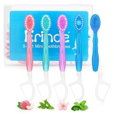 Imagem de Erinde Mini escovas de dentes descartáveis 5 em 1 com pasta de dente + raspador de língua + palhetas + estojo de viagem com fio dental, palhetas pré-coladas para viagem para trabalho ou viagem,