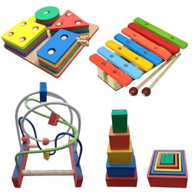 Imagem de Kit Brinquedo Pedagógico Primeira Infância Em Madeira Xilofone + Prancha Seleção + Aramado M + Cubo De Encaixe
